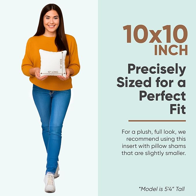 Pillowflex Premium Polyester Throw Pillow Insert - 10x10- Ultra Soft Small Square Throw Pillow, Couch Sham, Lumbar, Back, Sofa - Machine Washable - Decorative Accent Form - 1 Soft Pillow