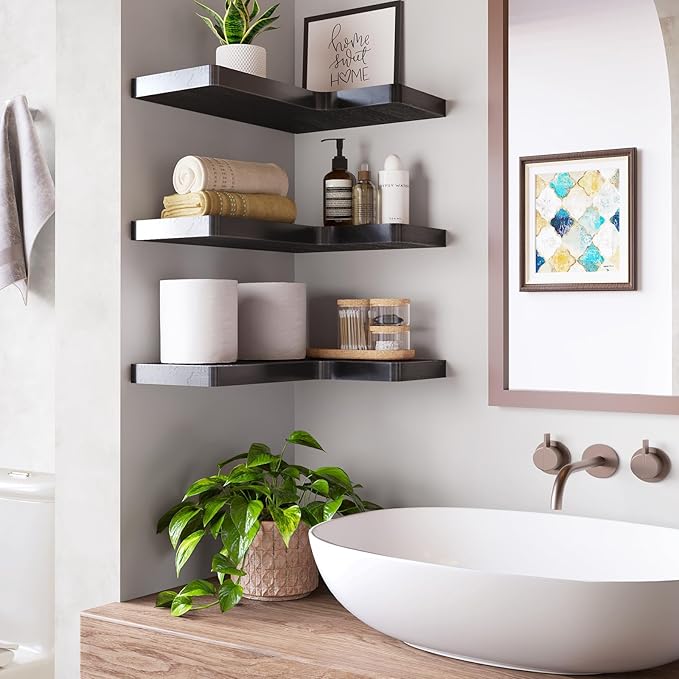 Fixwal Corner Floating Shelves for Wall Mounted Natural Solid Wood 16"x11.4" Farmhouse Home Decor Display Shelving Set of 3 (Black)