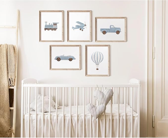 Blue Car Wall Art Decor Boys Room Canvas Poster Vintage Train Transportation Wall Art Watercolor Toddler Art Prints Blue Car Pictures Painting for Boy Bedroom Kids Nursery 8x10 Inch Unframed Set of 5