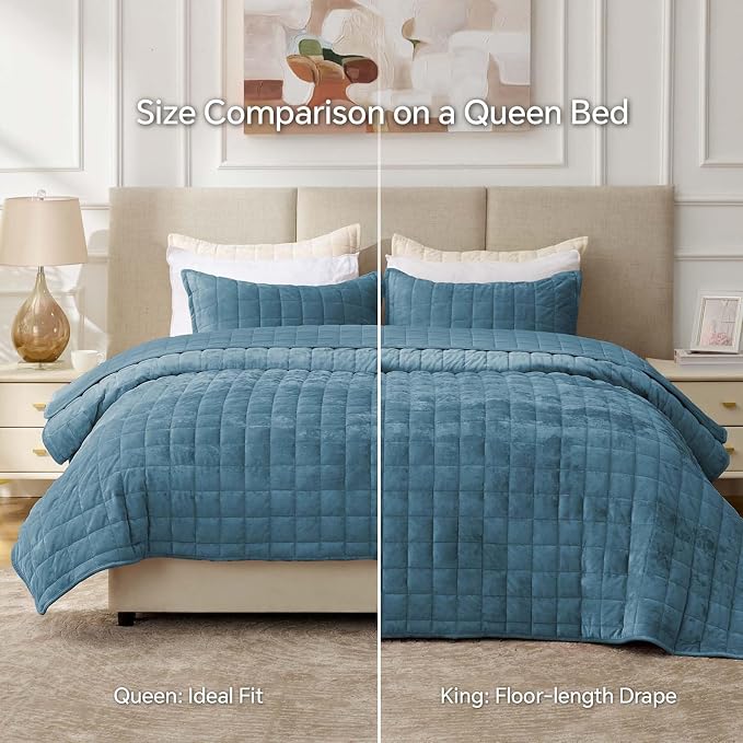 BEDELITE Velvet Quilt Set King Size - Luxury Soft Velvet Comforter Bedding Set for All Season, Lightweight Quilted Box Stitch Oversized Bedspread Coverlet with 2 Matching Shams, Blue