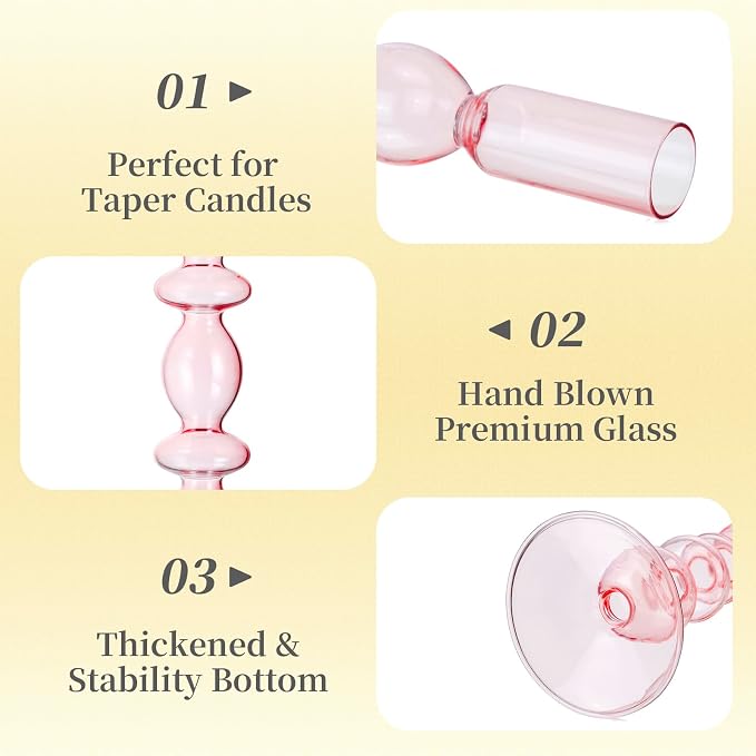 Hewory Glass Pink Candlestick Holders: Set of 3 Taper Candle Holders Vintage Candle Stick Candleholder, Colorful Glass Bubble Candleholders for Table Centerpiece, Wedding, Dinner, Party, Home Decor