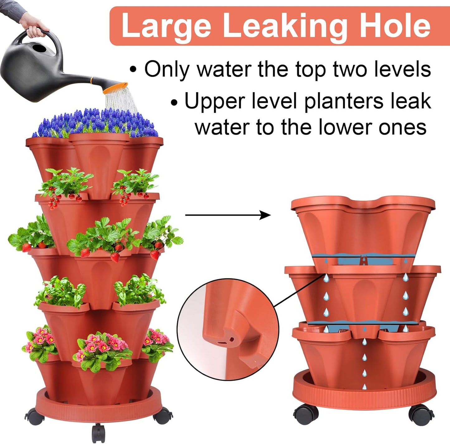 DUNCHATY Stackable Planters 5 Tier Vertical Garden Planting Tower Planters Strawberry, Herb, Flower, and Vegetable Planter Indoor Outdoor Gardening Pots with Removable Wheels and Tools