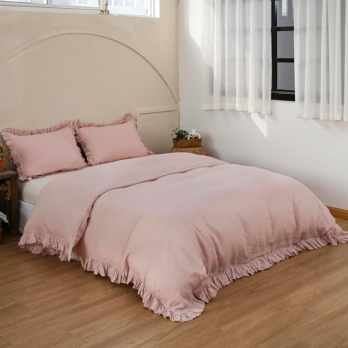 Simple&Opulence 100% Linen Duvet Cover Set, Natural French Flax Blush Pink Ruffle Duvet Cover Twin Size, Breathable Comfy Linen Bedding Comforter Cover with 1 Pillowcase (Blush Pink, 68" X 86")