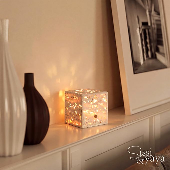 Sissi & yaya Marble Mood Light, Three Color Dimmable LED Accent Light, Natural Quality Travertine, Nightstand and Home Decor, Holiday Gift, Special Occasion. (Square Lamp - Square)