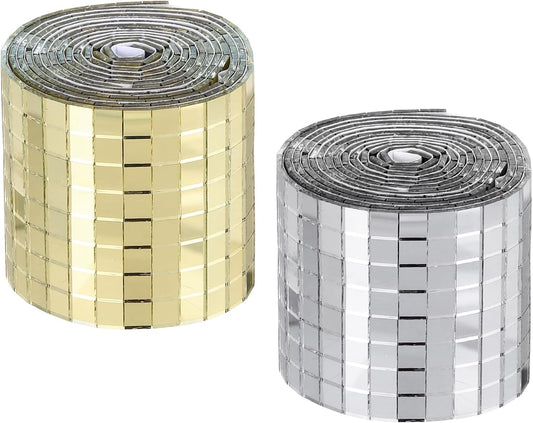 MECCANIXITY Self Adhesive Glass Mirror Mosaic Tiles 3200 Pcs 5 x 5 mm Disco Tiles for Craft Decoration Glass Mirror Disco Ball 2 Rolls (Gold/Silver)