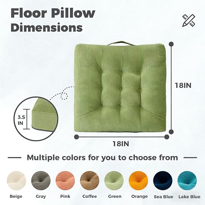 Floor Cushion Pink 18x18 Inch Floor Sitting Cushions 2-Pack, Tufted Corduroy Chair Pads with Handle, Machine Washable for Tatami Living Room Kitchen Seats