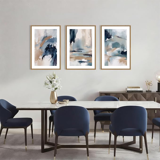 KAIRNE Blue Abstract Neutral Framed Canvas Wall Art Set, Navy Abstract Wall Decor, Watercolor Blue and Brown Wall Painting, Modern Textured Art Prints for Living Room, Bedroom, Office-16 x24 x3