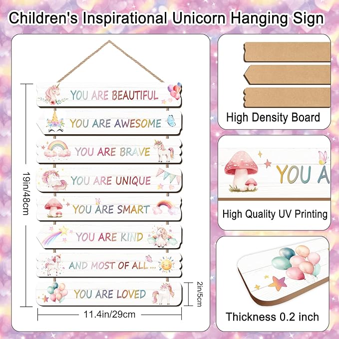 Vintage Classic Unicorn Sign Nursery Wall Decor Set of 8 with LED Lights, 11.4x2 Pink Cute Plaque Wall Art for Baby Girl Kid Teen Toddlers, 8 PCS Positive Wooden Quote Gift for kawaii Fairy Room