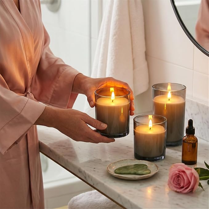 LinYang Scented Flameless LED Candles with Remote Timer, Real Wax Glass | Scented Flameless Candles Set