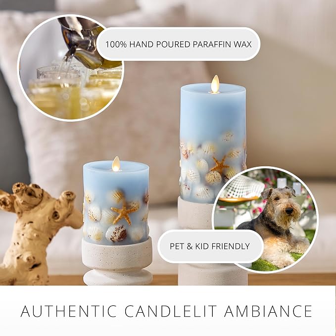 Luminara Flameless LED Candle Soft Chambray Embedded Seashell & Starfish Moving Flame Pillar Unscented Real Wax with Recessed Edge (6.5-inch)