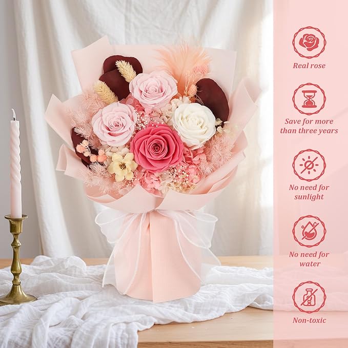 Preserved Flowers Bouquet 4 Roses with Vase,Flowers for Delivery Prime That Last 3-5 Years Real Forever Flowers Rose Bouquet for Mom Mother Women Wife Friends Birthday Mother's Day（Pink）