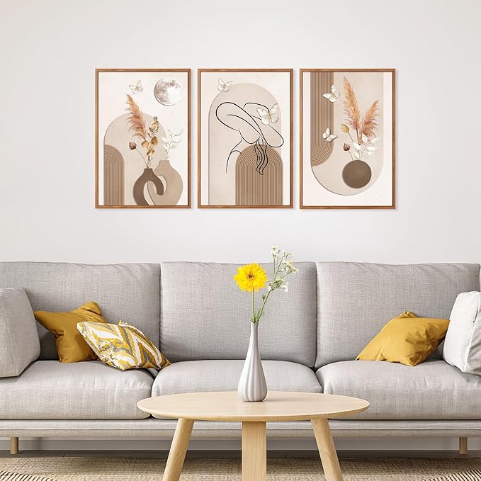 CHDITB Wabi Sabi Dried Floral Framed Canvas Wall Art Set, Neutral Boho Line Woman Wall Decor, Minimalist Abstract Geometric Artwork, Vintage Beige Prints for Living Room, Bedroom, Office 16"x24"x3