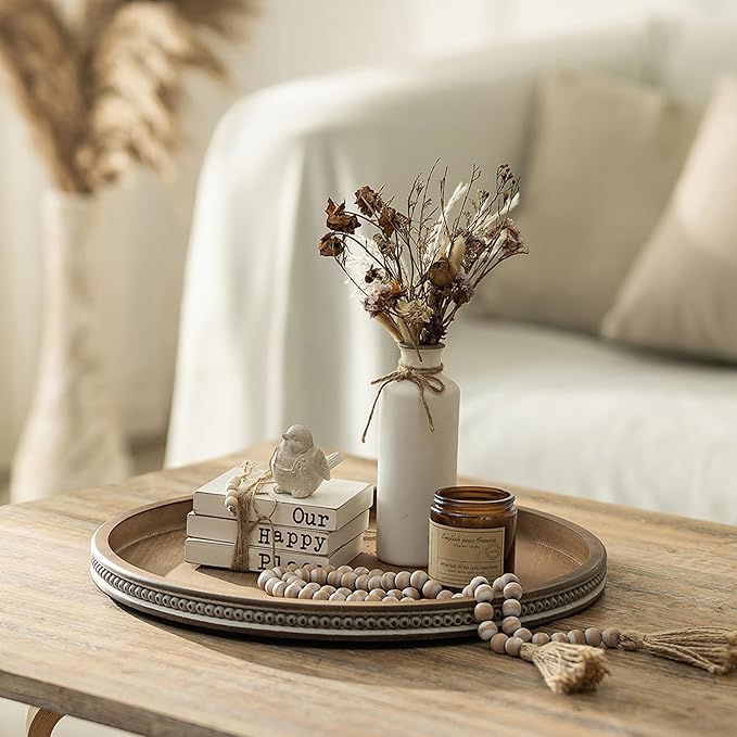 Hanobe Large Round Decorative Tray: Farmhouse Neutral Coffee Table Decor Wood Beaded Trays Vintage Ottoman for Home Counter Living Room