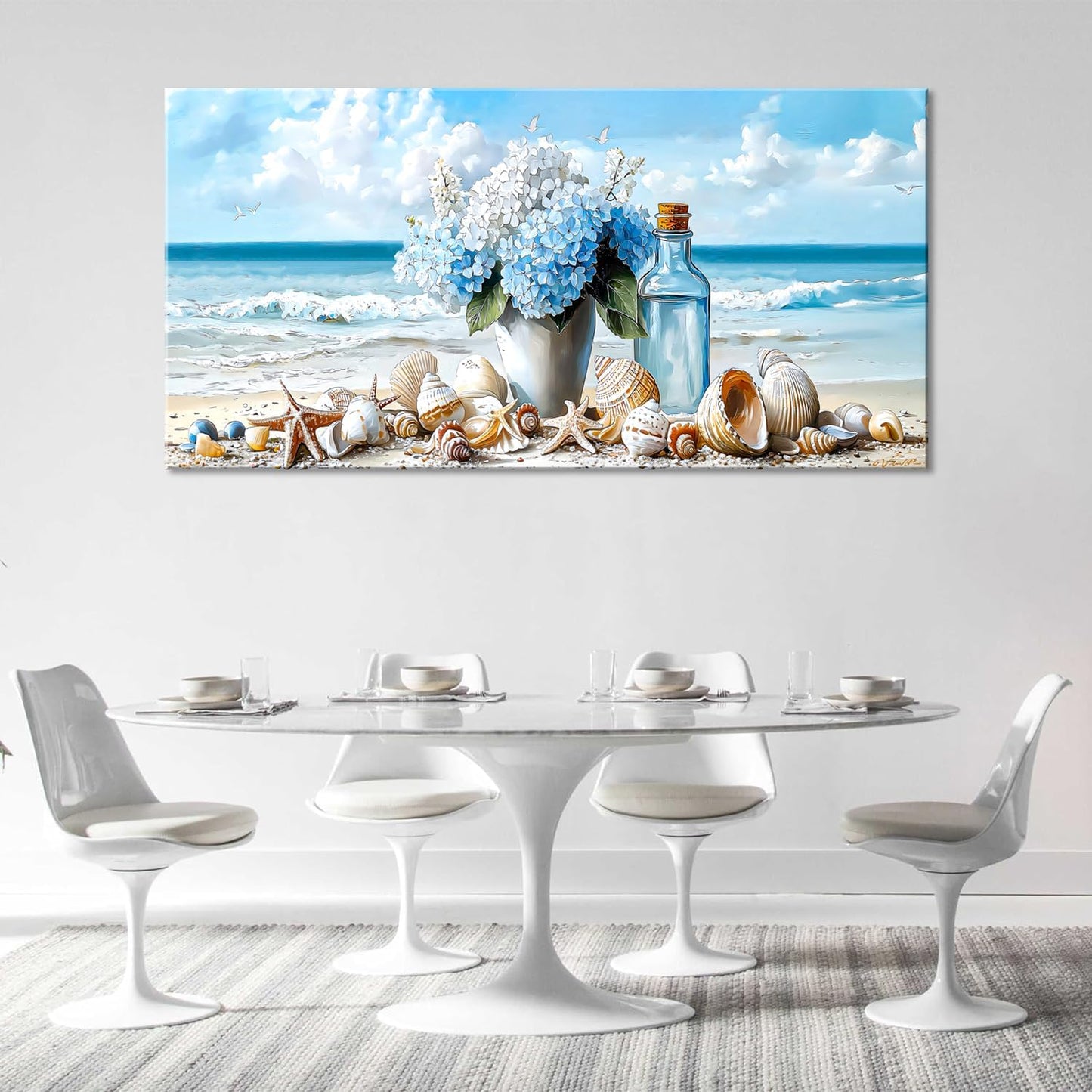 LASMOND Romantic Beach Wall Art for Living Room Blue Shells Conch Vase Canvas Prints Modern Large Flower Bottle Bedroom Ocean Artwork Decor (58x28 Inches)
