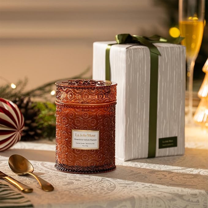 LA JOLIE MUSE Hearth & Velvet Flames Scented Candle for Home, 19 oz Soy Wax | Fireside Candle, Christmas Winter Festive Decoration, Luxury Red Jar Candle, Clean Non Toxic, Gift for Women & Men, Wood Wick