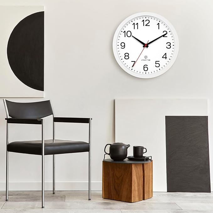 AKCISOT Atomic 10 Inch Wall Clock, Analog Indoor Battery Operated Clock for Kitchen Bedroom Office Classroom Living Room (White)