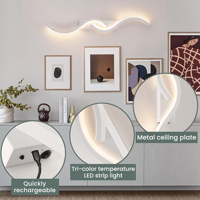 Modern Battery Operated Wall Sconces, Rechargeable Wall Sconces, 3000K-6500K LED Wireless Wall Light, Modern Wall Lamp not Hardwired for Living Room Bedroom Hallway (White)