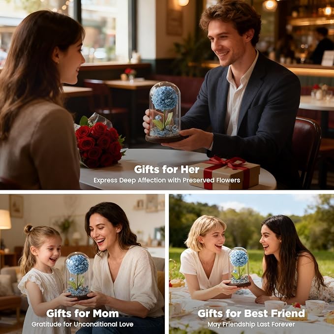 Forever Hydrangeas in Glass Dome,Forever Preserved Flowers Gifts Mothers Day Birthday for Grandma Women Mom Wife,Fresh Flowers for Delivery/Blue Hydrangea
