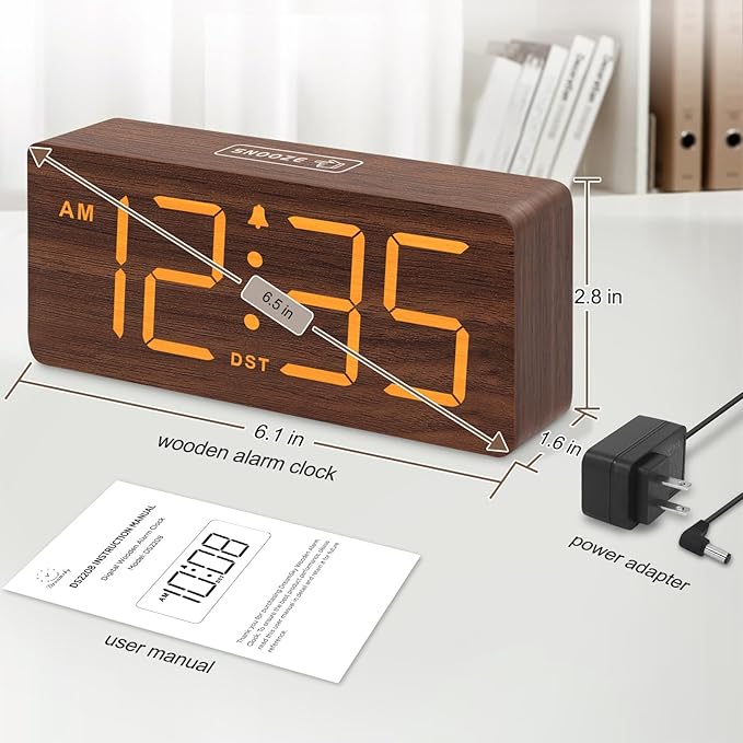 DreamSky Wooden Digital Alarm Clock for Bedroom - Desk Clock with Large Numbers for Living Room Office, Loud Alarm for Heavy Sleepers Adults, Volume Control, Dimmer, DST, Wood Decor (Plug in Clock)