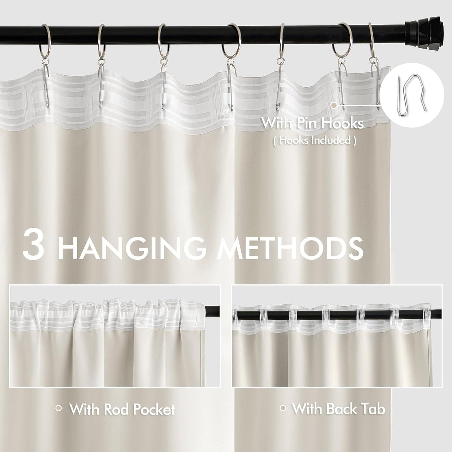 MIULEE Ivory Back Tab Blackout Curtains 63 Inch Length 2 Panels Set for Living Room Bedroom Privacy, Rod Pocket/Pinch Pleat Thermal Insulated Room Darkening Pleated Light Blocking Drapes