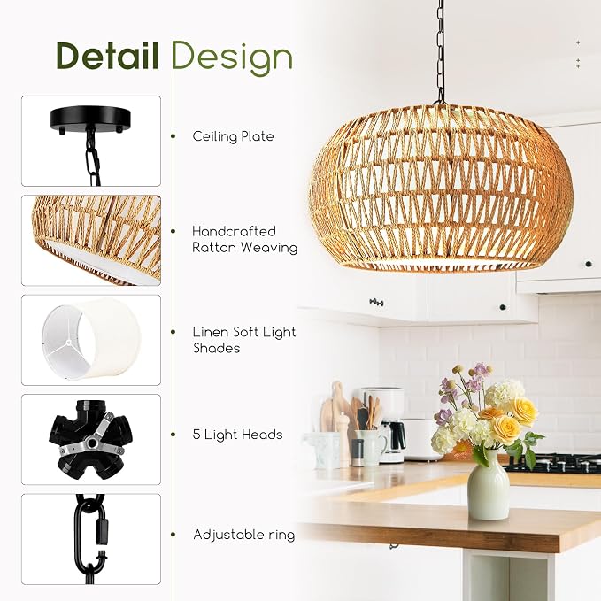 5-Lights Boho Rattan Chandelier for Dining Room, 19" Farmhouse Chandelier Light Fixtures with Fabric Shade, Large Hand Woven Pendant Lighting for Kitchen Island, Living Room