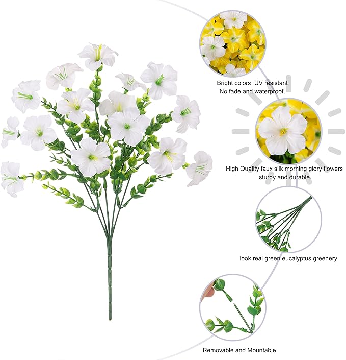 Artificial Flowers for Outdoors Decoration, 20 Bundles Faux Morning Glory with Eucalyptus Look Real UV Resistant Fake Plants Silk Flowers for Outside Yard Gardens Porch Patio Planter Home Urn, Mix