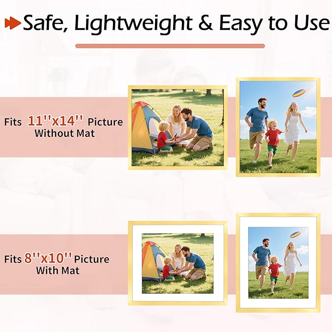 Picture Frames, 11x14 Picture Frames with Mat, 2 Pack Wall Hanging Photo Frame for Office Home Wall Decor, Gold Frames with Clear Plexiglass for Posters, Photos & Art Prints