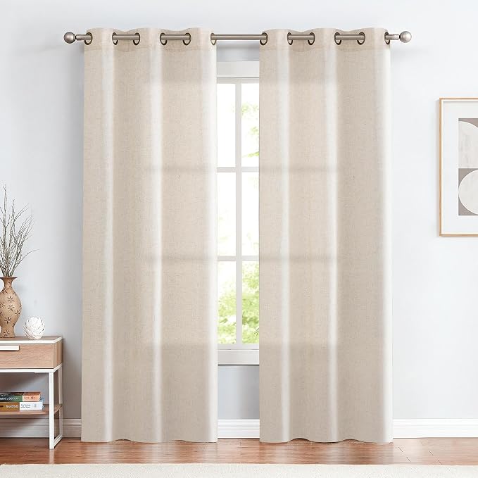 jinchan Linen Curtains for Living Room Beige Drapes 84 Inch Length 2 Panels Set, Light Weight Semi Sheer Grommet Curtains for Bedroom Farmhouse Light Filtering Narrow Window Drapes 2 Panels W38 x L84