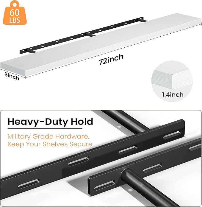 Fun Memories Floating Shelves for Wall, 72 Inch Long Set of 2 Rustic Wood Wall Shelves with Invisible Brackets, Heavy Duty Storage Display for Living Room Bedroom Kitchen, White