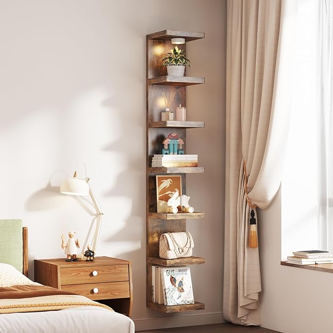 7-Tier Wall Shelf Unit with USB Rechargeable Led Light (Remote Controlled),Versatile Floating Display Shelves,Lack Style Wall Shelves for Bedroom,Living Room,Office Decor,Vanity-Rustic Brown
