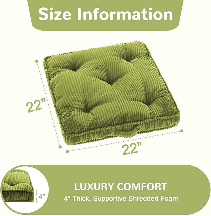 Meditation Floor Cushion Set of 2, 22x22 Tufted Floor Pillow for Adults, Square Large Meditation Cushion Pillow, Corduroy Sitting Pillow with Handle, Yoga Seating for Tatami, Light Green