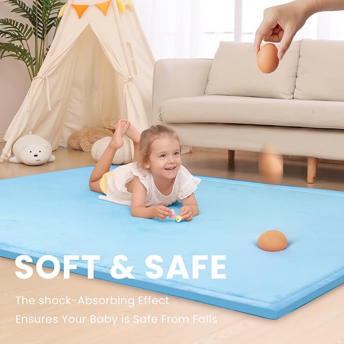 Baby Play Mat for Floor,1.3" Thick Memory foam Tummy Time Mat for Toddlers,Infants,kids,Water-Repellent Soft Nursery Rug,Extra Large Non Slip for Crawling&Yoga,Tatami Style for Living Room(Light Blue)
