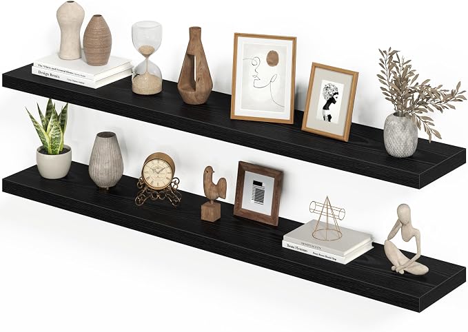 Heimlove 55 Inch Long Floating Shelves for Wall,9.3" Deep Black Floating Shelf Set of 2,Large Display Shelf & Storage Shelf,Wall Mounted Shelves for Bedroom Living Room Kitchen Office