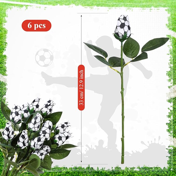 Suhine 6 Pcs Artificial Soccer Rose Flowers Sports Party Favors Bulk for Birthday Graduation Wedding Party Decorations Table Centerpieces Mom Fans Team Coach Senior Night Gift (Soccer Color, Normal)