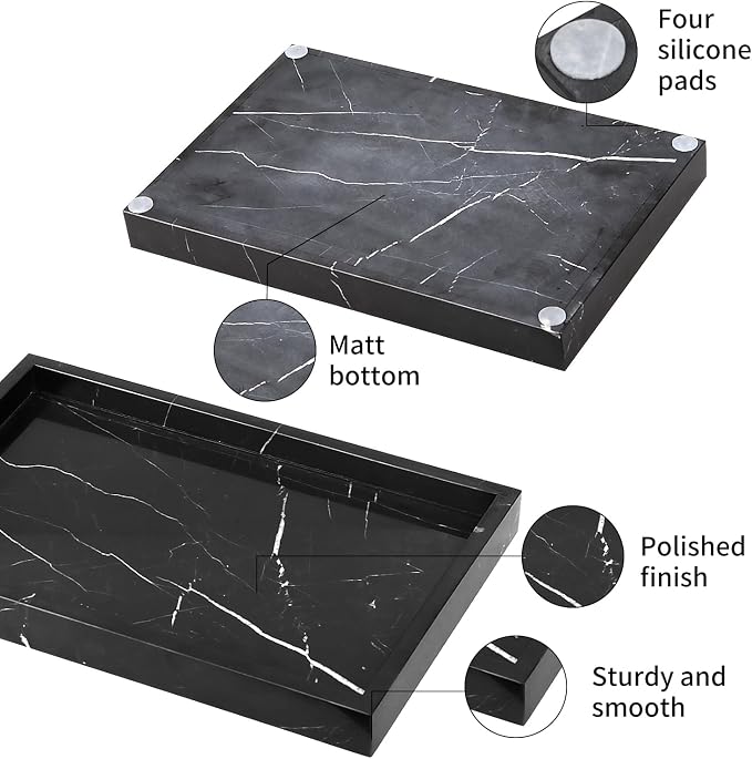 Marble Bathroom Vanity Tray, Natural Luxury Vanity Home Kitchen Bathroom Table Tray, Stone Decorative Countertop Dresser Trays for Key Coffee Perfume Jewelry Makeup (Black Marquina, 12"x 8" x1.2")