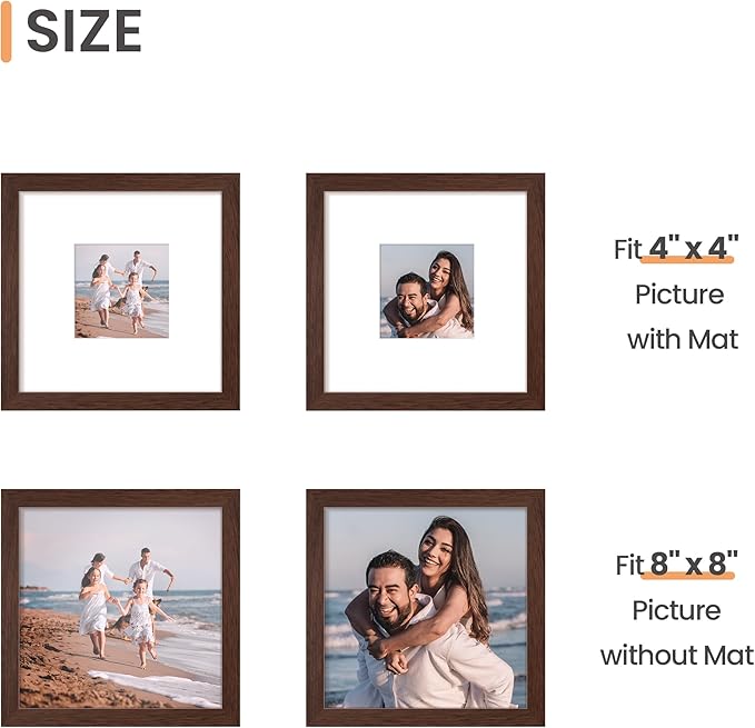 upsimples 8x8 Picture Frame, Display Pictures 4x4 with Mat or 8 x 8 Without, Wall Hanging Photo Frames, Brown, 1 Pack
