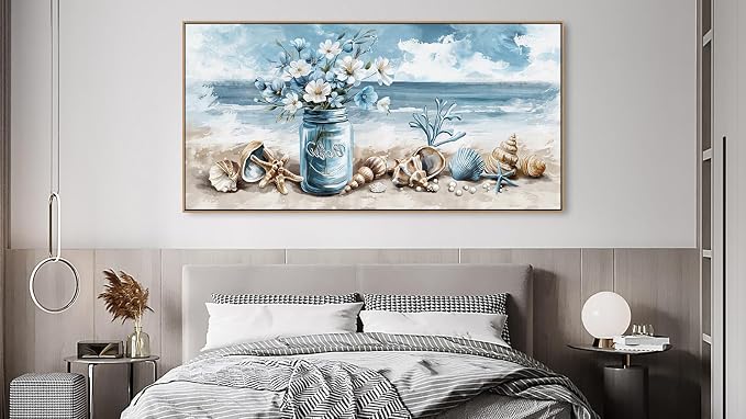 yearainn Coastal Framed Wall Art - Rustic Jar Flowers Canvas Pictures Wall Decor Seashells Seaside Painting Artwork Ocean Landscape Prints Living Room Office Home Decor Natural Wood Frame 40" x 20"