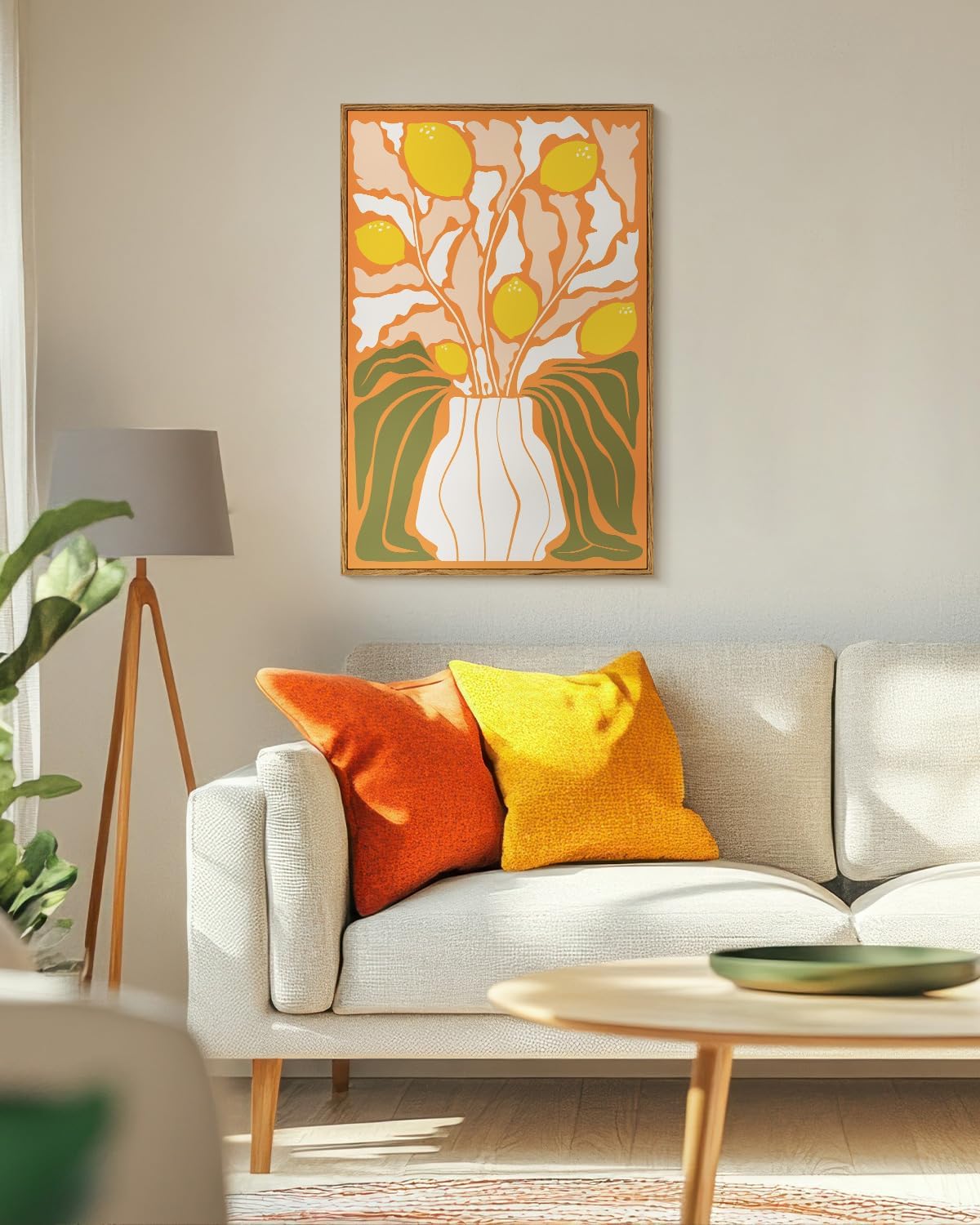 VIYYIEA Framed Canvas Wall Art, Large Flowers Wall Art for Living Room, Abstract Boho Print Paintings, Illustration Home Office Decor, Bedroom Wall Decor -【Lemon Flourish】-(24"x36")