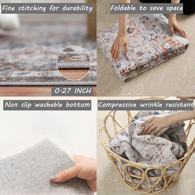 CHAMPLANT Area Rug 6x9 Washable Rug Brown Grey Vintage Traditional Distressed Thin Retro Kitchen Indoor Floor Cover Non Slip Carpet Floral Print Mat Living Room Bedroom Dining Room