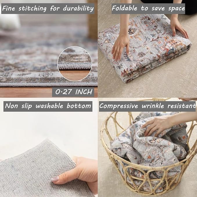 CHAMPLANT 4x6 Vintage Washable Thin Area Rug Tangerine Traditional Floor Cover Foldable Indoor Distressed Non Slip Carpet Floral Print Mat Bedroom Living Room Bathroom