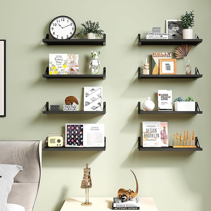 Fixwal Floating Shelves, Width 4.7in Rustic Wood Wall Shelves Set of 8, Wall Storage Shelves for Bedroom, Living Room, Kitchen, Bathroom, Office and Plants (Black)