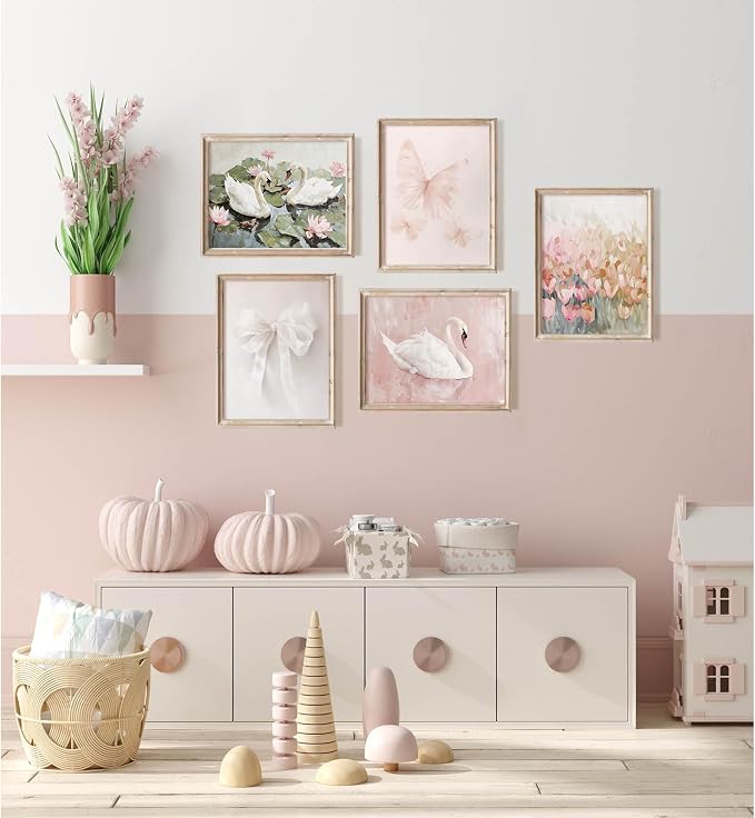Tocliky Coquette Pink Wall Art Decor Swan Posters Bow Flower Canvas Wall Art Preppy Cute Pictures Trendy Butterfly Posters Coquette Aesthetic Prints for Girl Dorm Room Bedroom 8x10x5 Inch Unframed