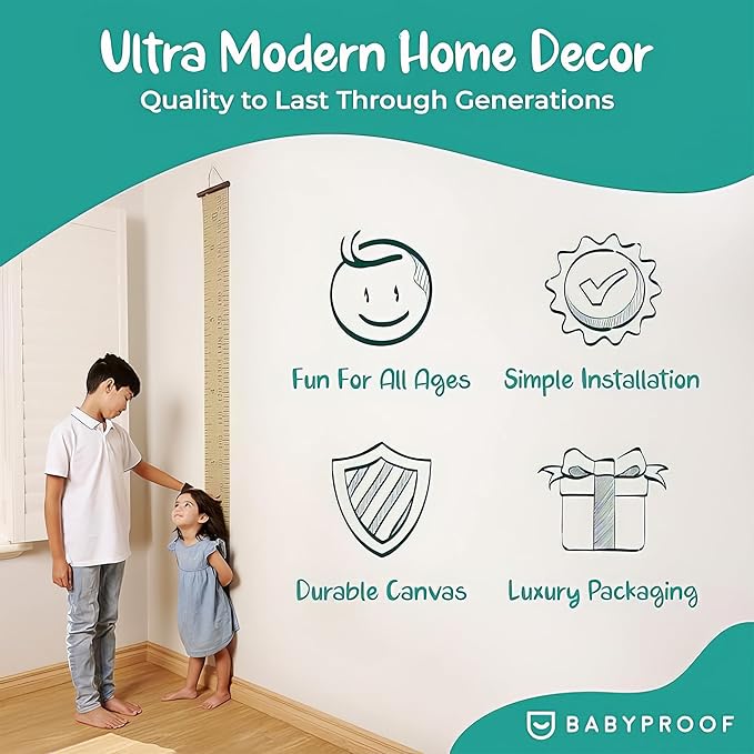 Growscroll Modern Kids Growth Chart for Wall - Unique Height Chart for Boys & Girls - Handcrafted Using Canvas & Hard Types of Wood - Makes A Great Collectible Or Family Heirloom - Khaki