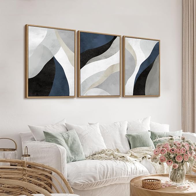 Large Abstract Framed Wall Art - Canvas Wall Art Pictures Prints for Living Room Decor Natural Float Framed Artwork for Bedroom Kitchen Home Office Decoration 60" X 28" Set of 3 Blue Grey