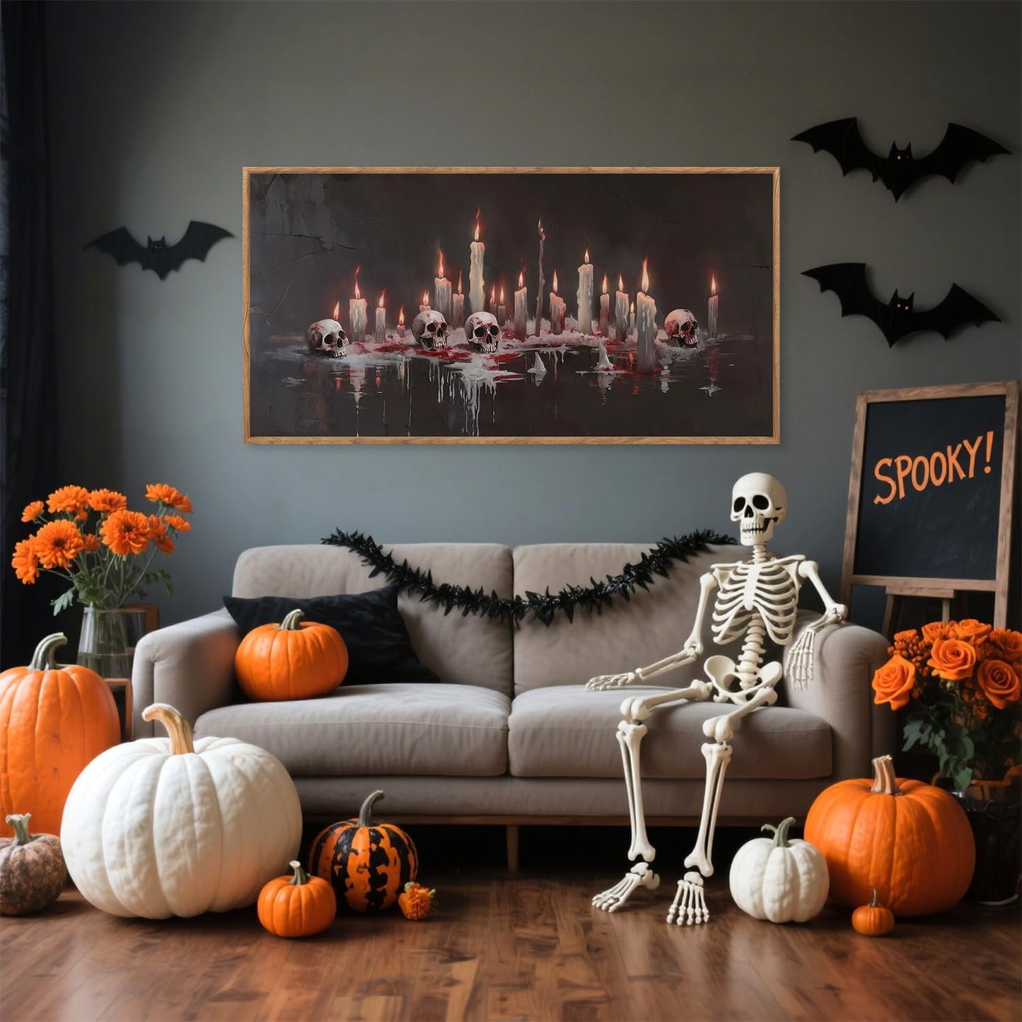 Aurlan Gothic Bloody Skull and Candles Framed Wall Art(40"x20"), Large Horror Dark Academia Halloween Skeleton Canvas Artwork, Modern Goth Spooky Creepy Ghost Decor for Home Office Bedroom