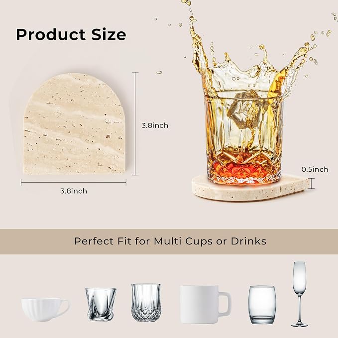 Marble Coaster for Drinks Set of 5 Natural Travertine Coasters for Home Decor Coffee Table, Modern Style Stone Cup Mat for Housewarming Party Hotel Bar Christmas Anniversary Present Beige(DL020)