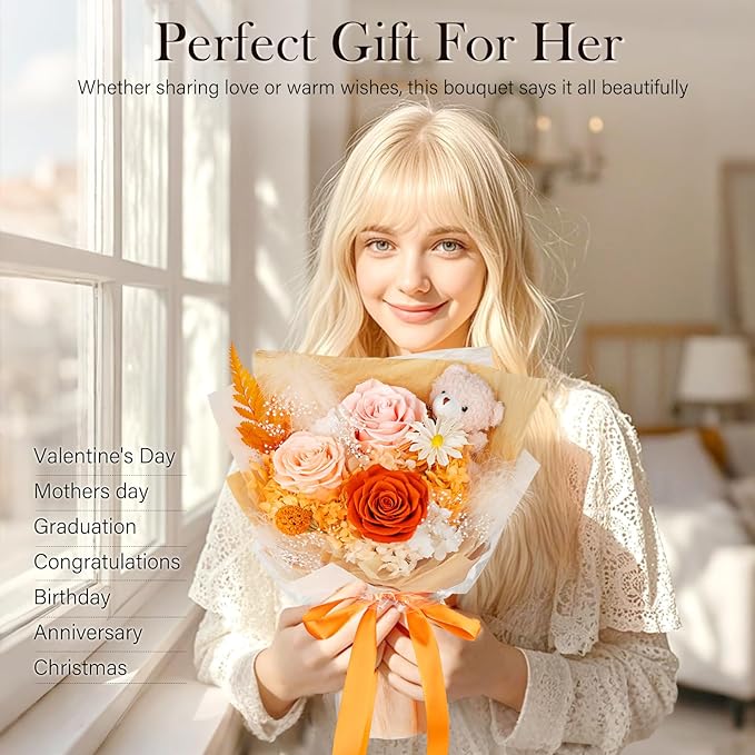 Preserved Flowers Bouquet with Bear, 3 Real Forever Flowers for Delivery, Long-Lasting Orange Eteranl Roses Bouquet, Mothers Day Gifts for Mom Grandma, Anniversary Birthday Gifts for Women Girlfriend
