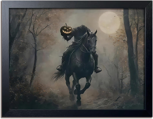 Black Wood Framed Halloween Canvas Wall Art Painting, Headless knight holding a pumpkin lantern Wall Decor, Vintage Dark Academia Gothic Poster Print, for Living Room Bedroom Office Decor 12x16 Inch