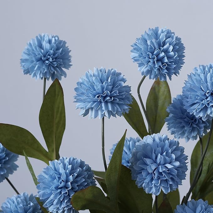 VIERENA 6 Pcs Faux Silk Pompon Mum Artificial Flowers for Vase -27", Bulk Fake Chrysanth Branches with Stems for DIY Bouquet Centerpieces Wedding Fillers Arrangements Shower Decorations (Dusty Blue)