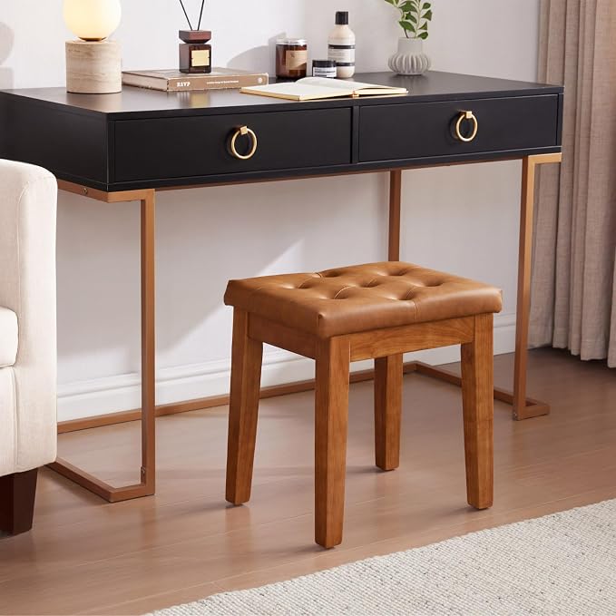 Upholstered Ottoman Stool with Padded Seat, Tufted Vanity Stool with Solid Wood Legs, Accent Stools, Faux Leather Cognac Brown